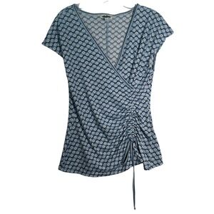 Max Studio Womens Wrap Top Blue Floral Print Short Sleeve Ruched‎ Side M